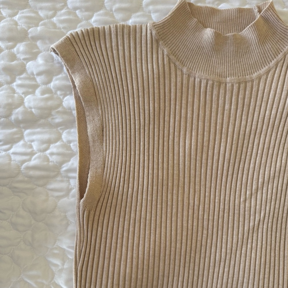 Tan Ribbed Sheath Dress Mock Neck - Picture 4 of 9